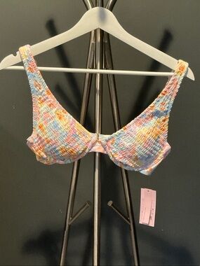 Pastel Multicolor Smocked Underwire Bikini Top - Blue, Pink, Yellow
